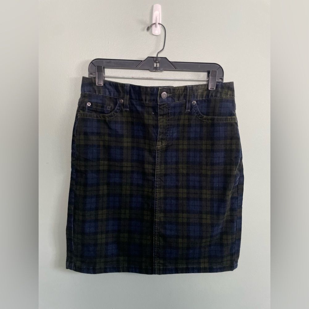 L.L. Bean Corduroy Black Blue Green Tartan Plaid Pencil Skirt Women’s 8 Petite